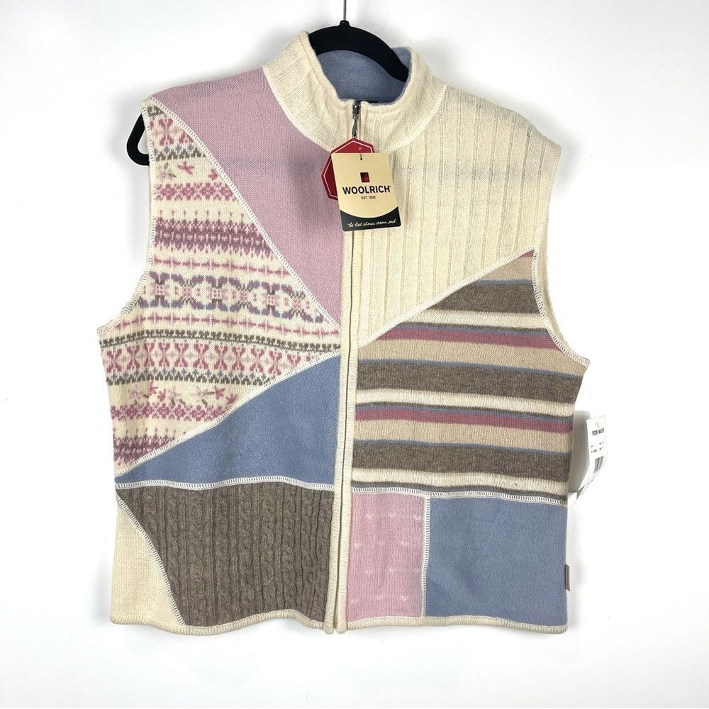Vintage Woolrich Lambswool Patchwork Zip Vest Sweater Xl Petite Pastel Outdoor